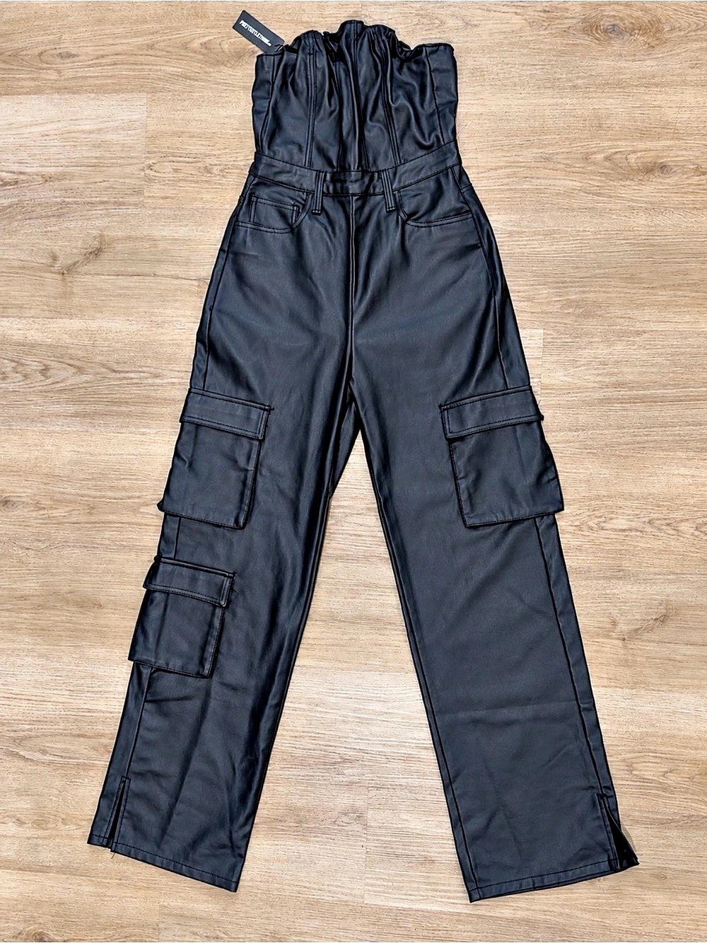 PrettyLittleThing Black Coated Cargo Jumpsuit Black Cotton Cargo Jumpsuit US 4 N